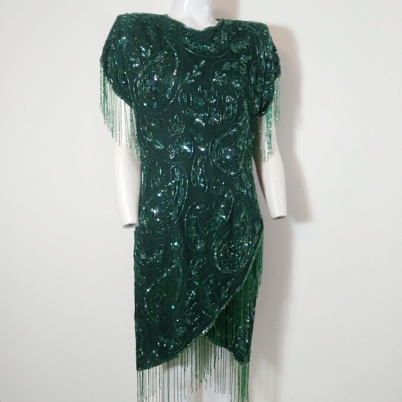 ❄️ Vintage bead flapper fringe silk emerald dress - Picture 4 of 8